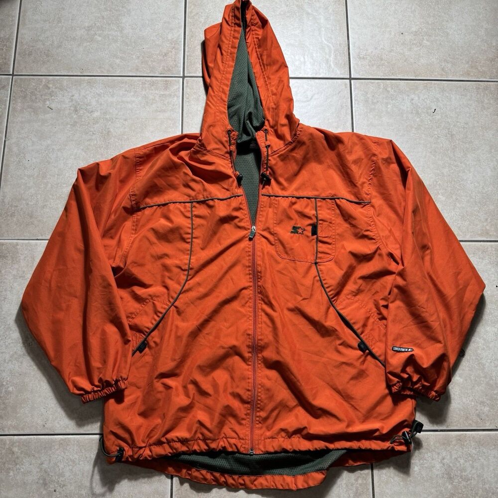 Vintage 90s Starter Men Sz L Orange Lightweight Windbreaker Zip Up Jacket Hooded